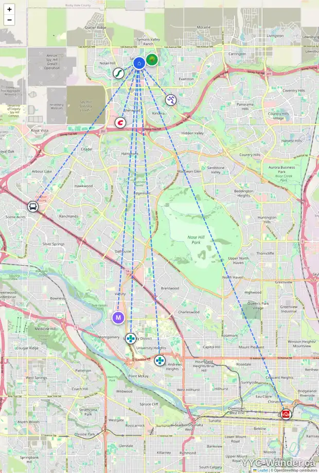 Daily accessibility map for 111 SAGE HILL WY NW, Calgary showing nearby schools, grocery stores, parks, LRT stations and nearby amenities
