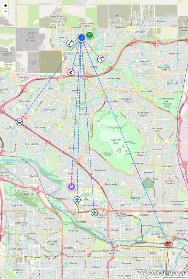 Daily accessibility map for 127 SAGE HILL WY NW, Calgary showing nearby schools, grocery stores, parks, LRT stations and nearby amenities