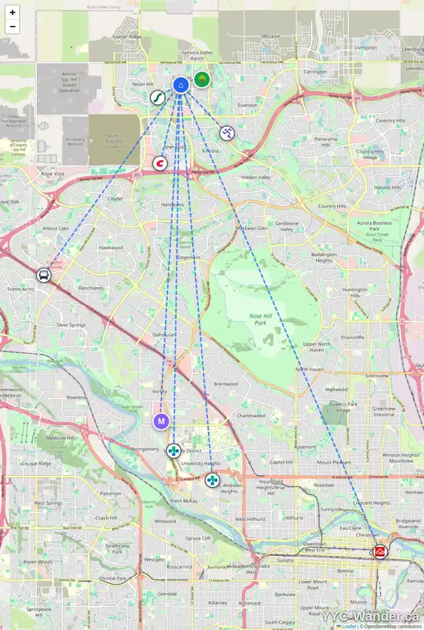 Daily accessibility map for 12 SAGE HILL PT NW, Calgary showing nearby schools, grocery stores, parks, LRT stations and nearby amenities