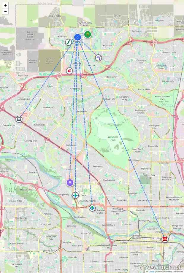 Daily accessibility map for 40 SAGE HILL PT NW, Calgary showing nearby schools, grocery stores, parks, LRT stations and nearby amenities