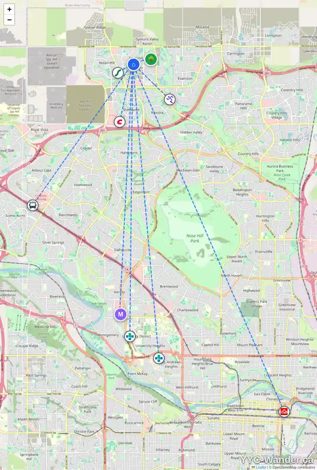 Daily accessibility map for 44 SAGE HILL PT NW, Calgary showing nearby schools, grocery stores, parks, LRT stations and nearby amenities