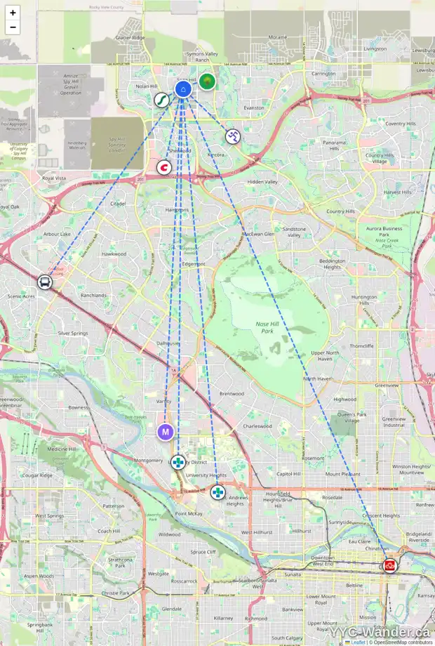 Daily accessibility map for 48 SAGE HILL PT NW, Calgary showing nearby schools, grocery stores, parks, LRT stations and nearby amenities
