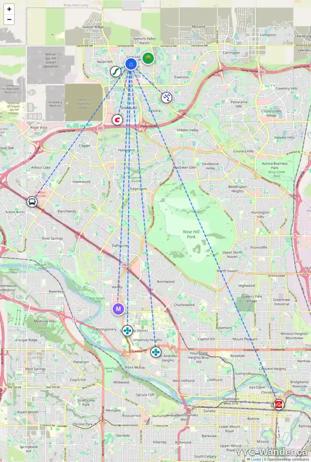 Daily accessibility map for 52 SAGE HILL PT NW, Calgary showing nearby schools, grocery stores, parks, LRT stations and nearby amenities