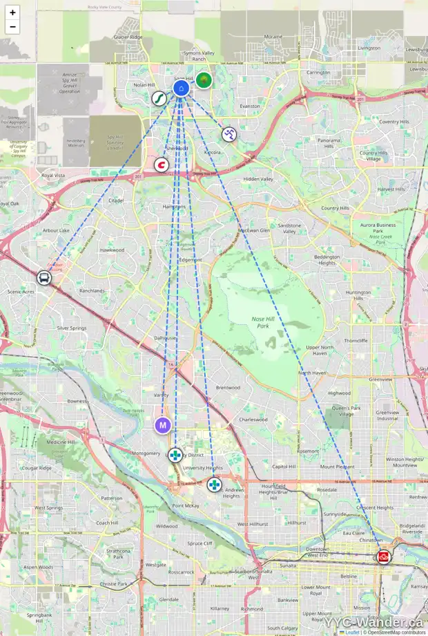 Daily accessibility map for 56 SAGE HILL PT NW, Calgary showing nearby schools, grocery stores, parks, LRT stations and nearby amenities
