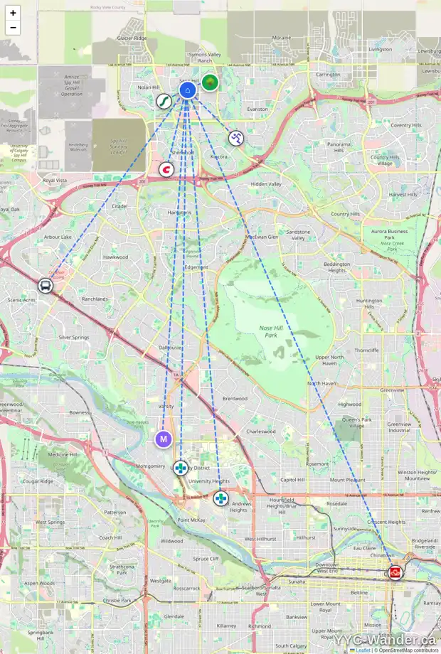 Daily accessibility map for 68 SAGE HILL PT NW, Calgary showing nearby schools, grocery stores, parks, LRT stations and nearby amenities