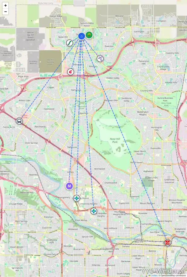 Daily accessibility map for 98 SAGE HILL WY NW, Calgary showing nearby schools, grocery stores, parks, LRT stations and nearby amenities