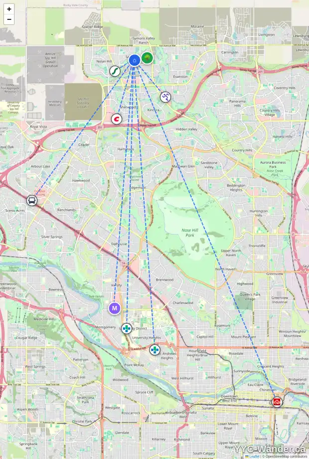 Daily accessibility map for 108 SAGE HILL WY NW, Calgary showing nearby schools, grocery stores, parks, LRT stations and nearby amenities