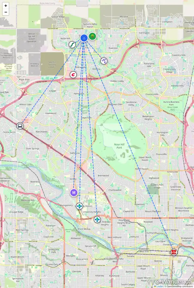 Daily accessibility map for 118 SAGE HILL WY NW, Calgary showing nearby schools, grocery stores, parks, LRT stations and nearby amenities