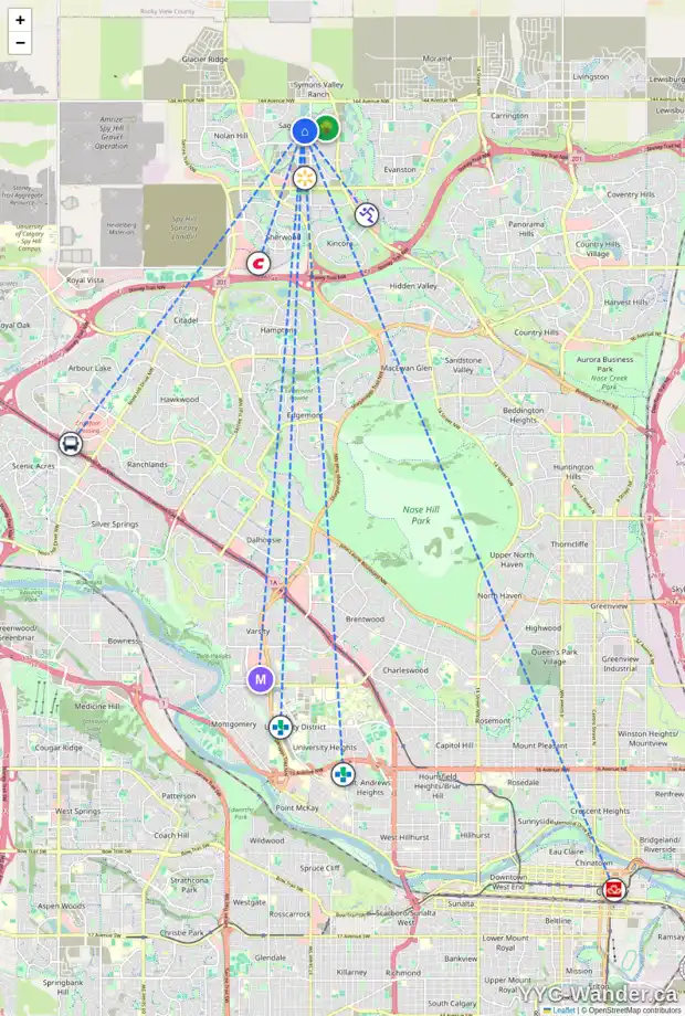 Daily accessibility map for 55 SAGE HILL WY NW, Calgary showing nearby schools, grocery stores, parks, LRT stations and nearby amenities