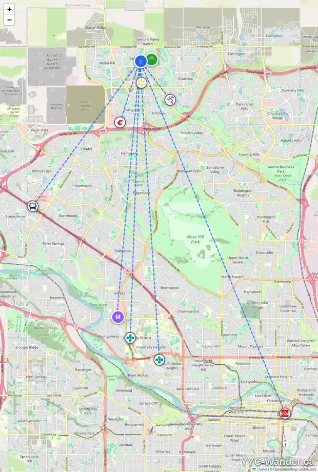 Daily accessibility map for 67 SAGE HILL WY NW, Calgary showing nearby schools, grocery stores, parks, LRT stations and nearby amenities