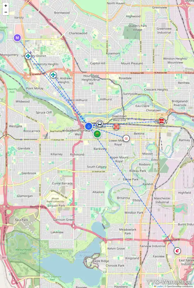 Daily accessibility map for 8 2022 11 AV SW, Calgary showing nearby schools, grocery stores, parks, LRT stations and nearby amenities