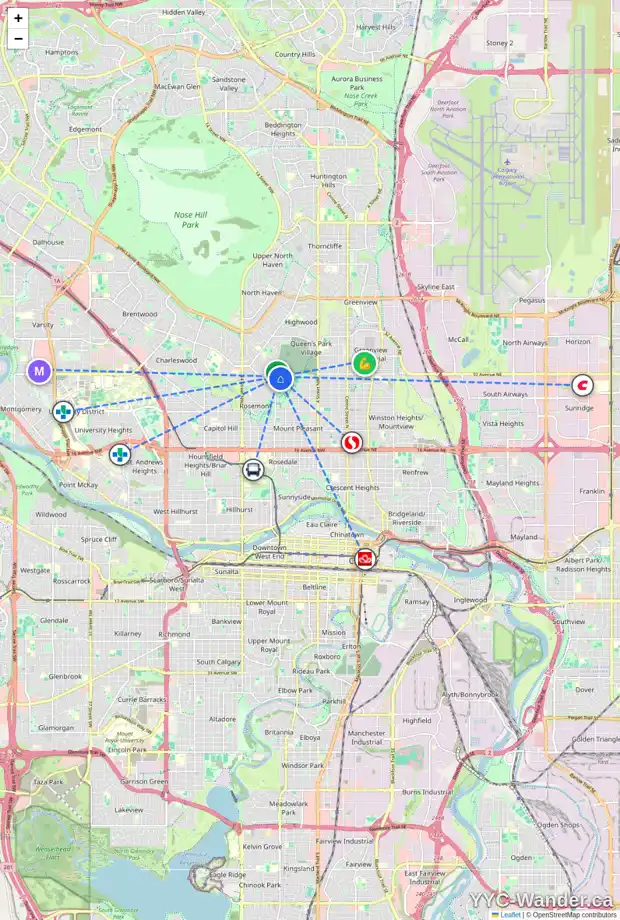 Daily accessibility map for 1008 31 AV NW, Calgary showing nearby schools, grocery stores, parks, LRT stations and nearby amenities