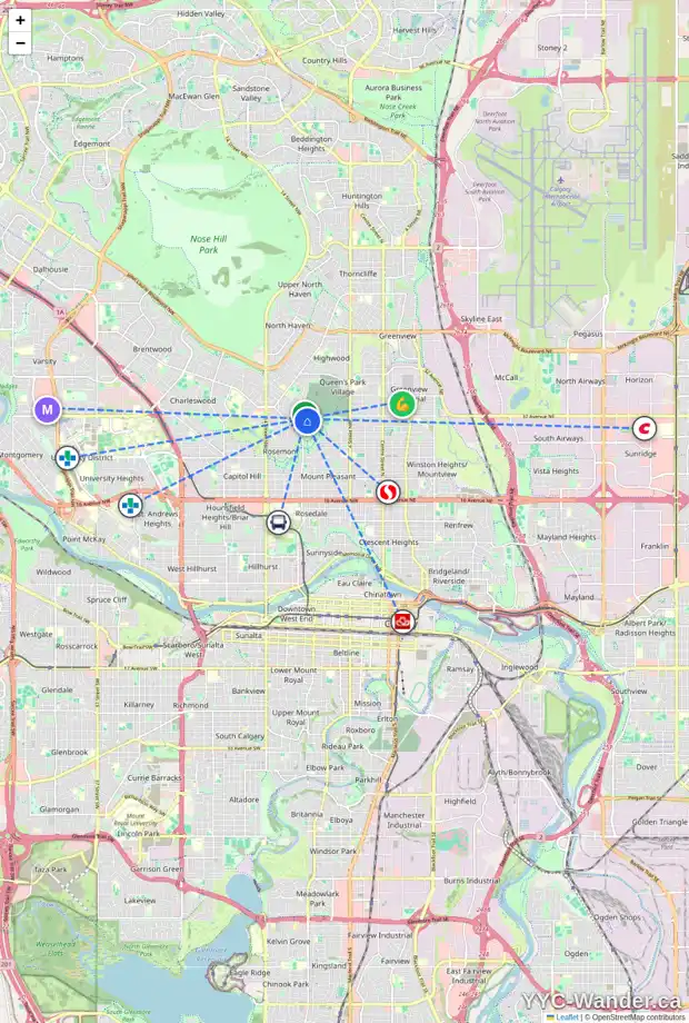 Daily accessibility map for 1012 31 AV NW, Calgary showing nearby schools, grocery stores, parks, LRT stations and nearby amenities