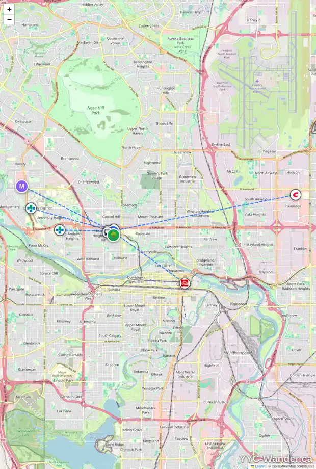 Daily accessibility map for 308 1718 14 AV NW, Calgary showing nearby schools, grocery stores, parks, LRT stations and nearby amenities