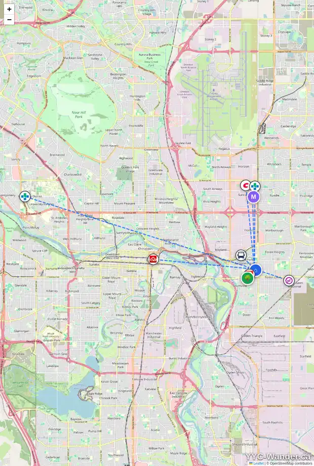 Daily accessibility map for 1330 34 ST SE, Calgary showing nearby schools, grocery stores, parks, LRT stations and nearby amenities