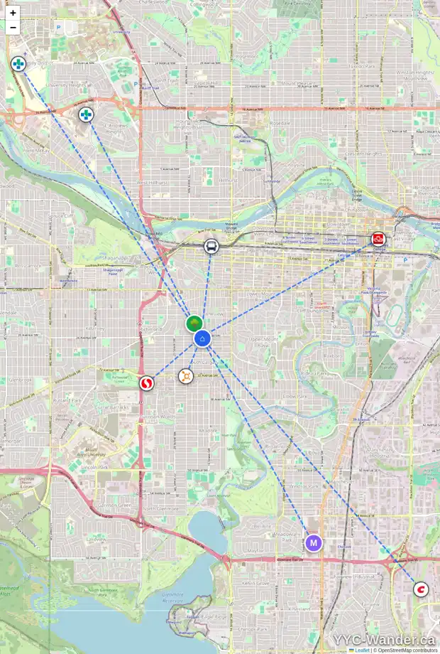 Daily accessibility map for 302 1805 26 AV SW, Calgary showing nearby schools, grocery stores, parks, LRT stations and nearby amenities
