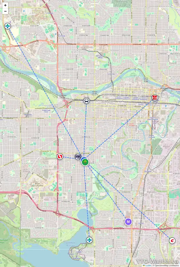 Daily accessibility map for 1720 37 AV SW, Calgary showing nearby schools, grocery stores, parks, LRT stations and nearby amenities