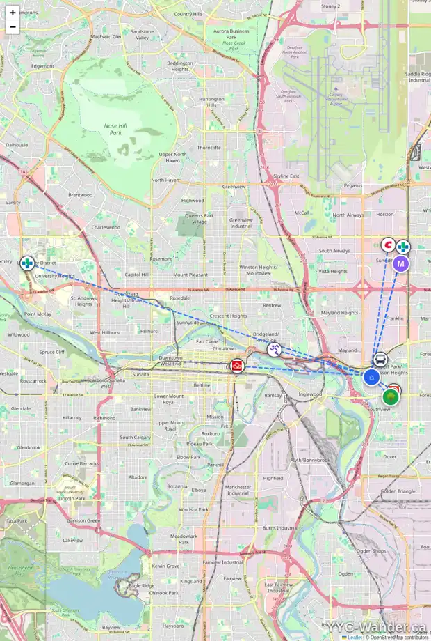 Daily accessibility map for 2636 11 AV SE, Calgary showing nearby schools, grocery stores, parks, LRT stations and nearby amenities