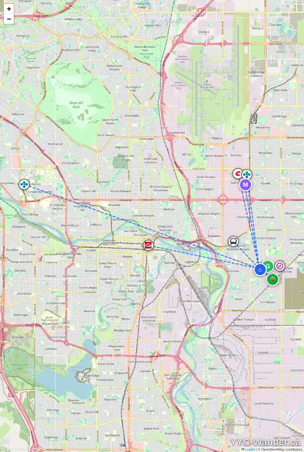 Daily accessibility map for 2035 41 ST SE, Calgary showing nearby schools, grocery stores, parks, LRT stations and nearby amenities