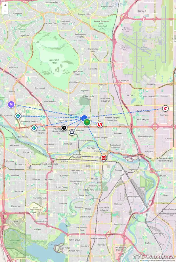 Daily accessibility map for 731 23 AV NW, Calgary showing nearby schools, grocery stores, parks, LRT stations and nearby amenities