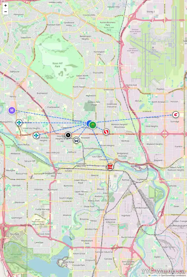 Daily accessibility map for 729 24 AV NW, Calgary showing nearby schools, grocery stores, parks, LRT stations and nearby amenities