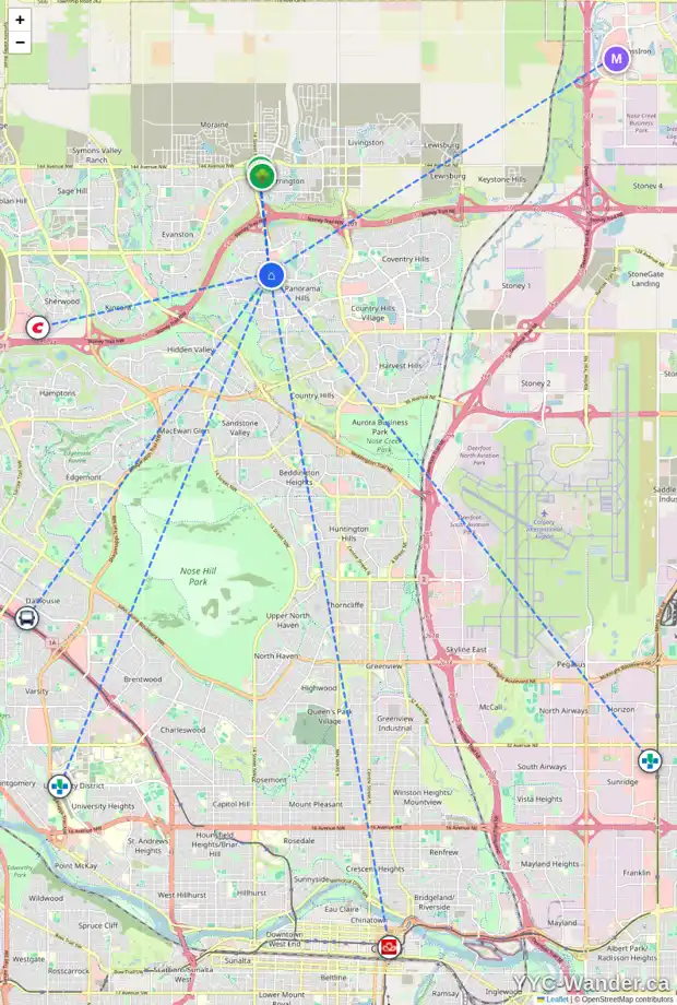 Daily accessibility map for 2307 60 PANATELLA ST NW, Calgary showing nearby schools, grocery stores, parks, LRT stations and nearby amenities