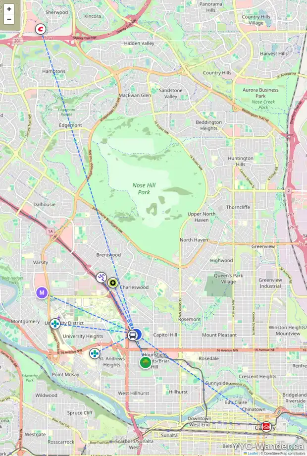 Daily accessibility map for 2359 23 ST NW, Calgary showing nearby schools, grocery stores, parks, LRT stations and nearby amenities