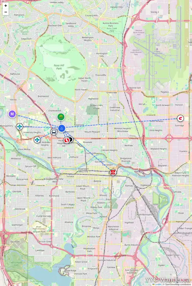 Daily accessibility map for 2104 23 AV NW, Calgary showing nearby schools, grocery stores, parks, LRT stations and nearby amenities