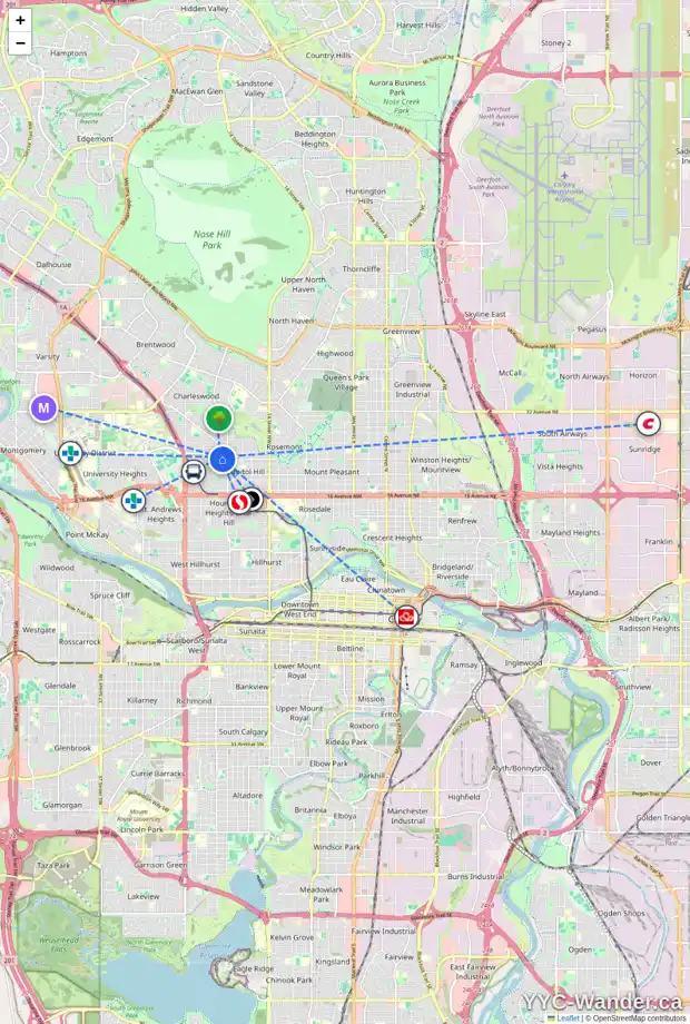 Daily accessibility map for 2415 20 ST NW, Calgary showing nearby schools, grocery stores, parks, LRT stations and nearby amenities