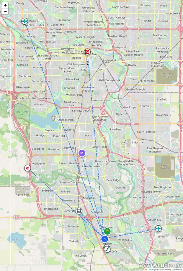 Daily accessibility map for 96 WALDEN RI SE, Calgary showing nearby schools, grocery stores, parks, LRT stations and nearby amenities