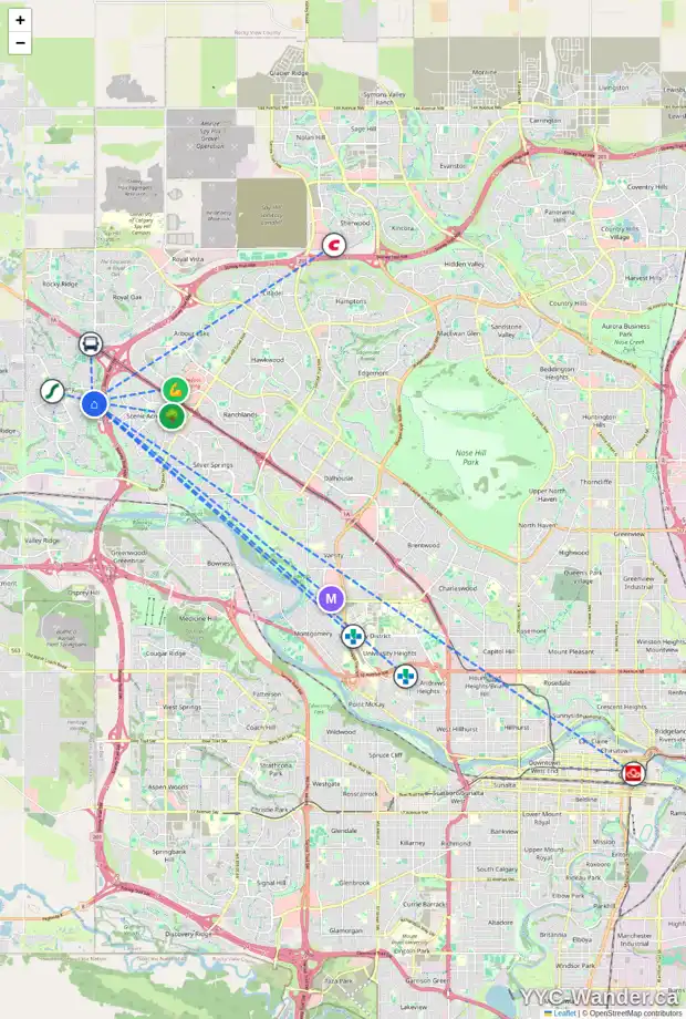 Daily accessibility map for 3102 10221 TUSCANY BV NW, Calgary showing nearby schools, grocery stores, parks, LRT stations and nearby amenities