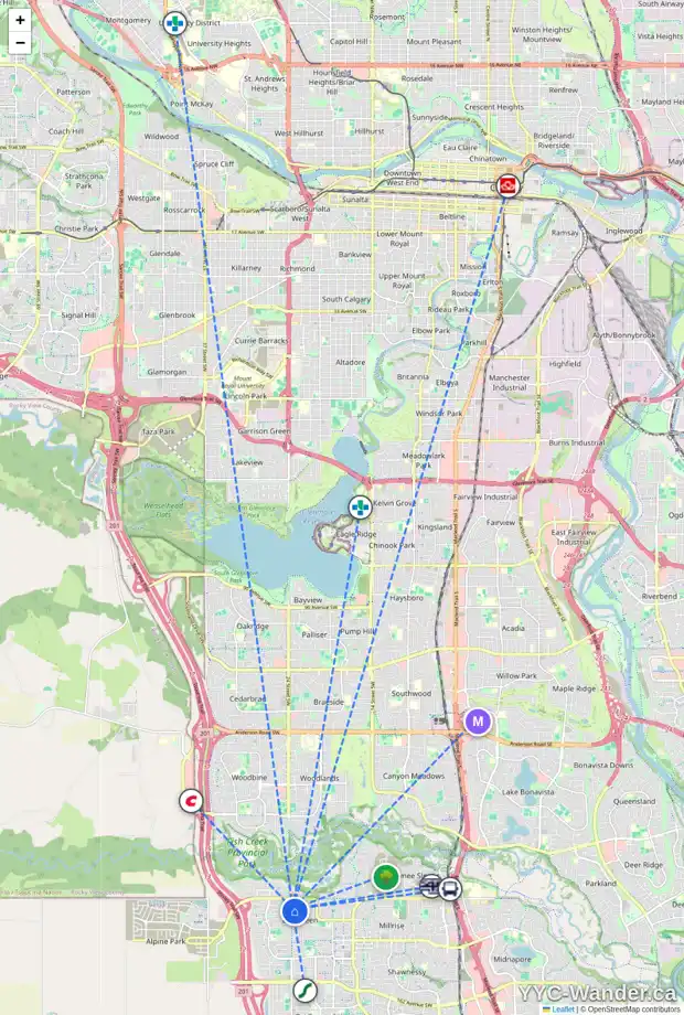 Daily accessibility map for 99 EVERBROOK CR SW, Calgary showing nearby schools, grocery stores, parks, LRT stations and nearby amenities