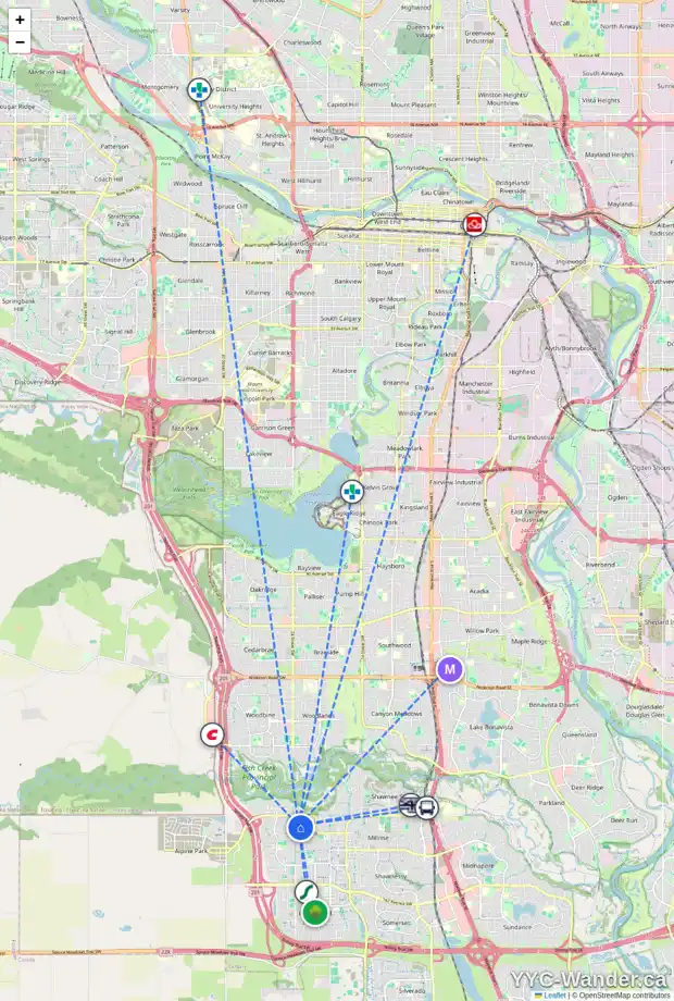 Daily accessibility map for 86 EVERBROOK CR SW, Calgary showing nearby schools, grocery stores, parks, LRT stations and nearby amenities