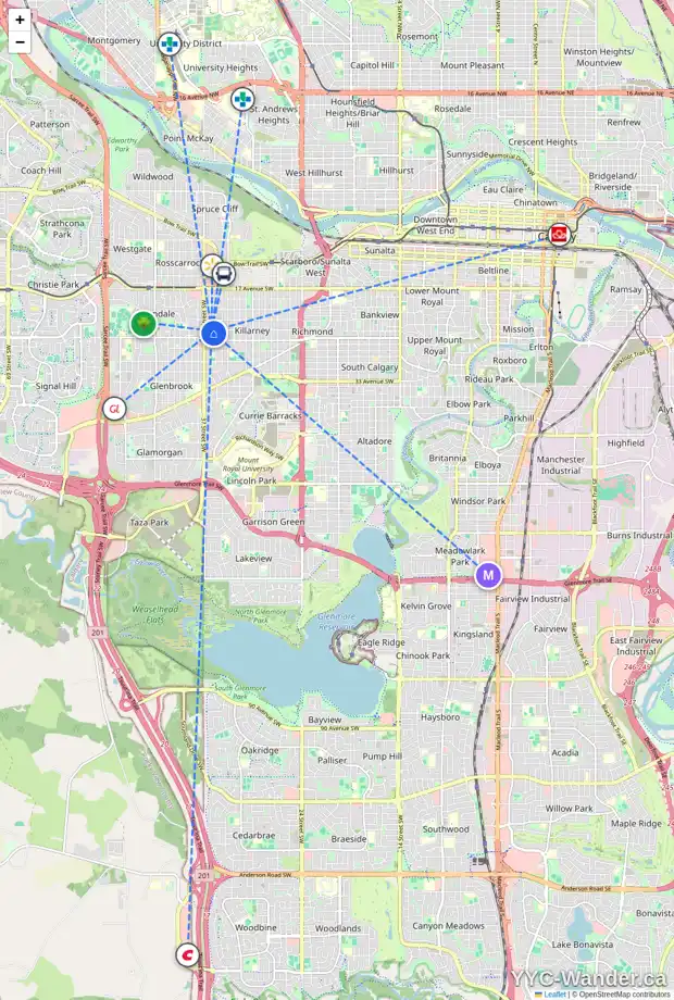 Daily accessibility map for 2604 36 ST SW, Calgary showing nearby schools, grocery stores, parks, LRT stations and nearby amenities