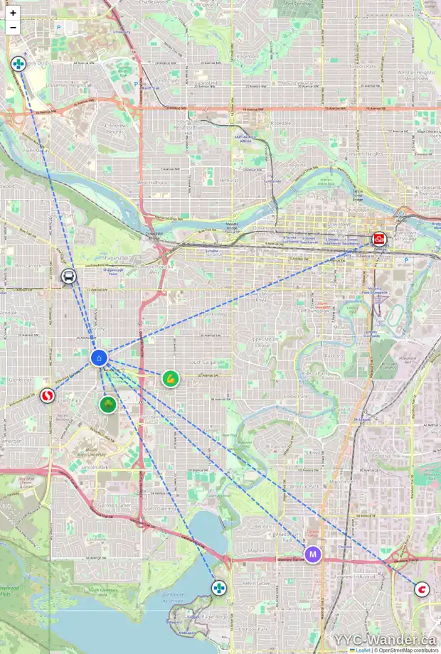 Daily accessibility map for 3202 29 ST SW, Calgary showing nearby schools, grocery stores, parks, LRT stations and nearby amenities