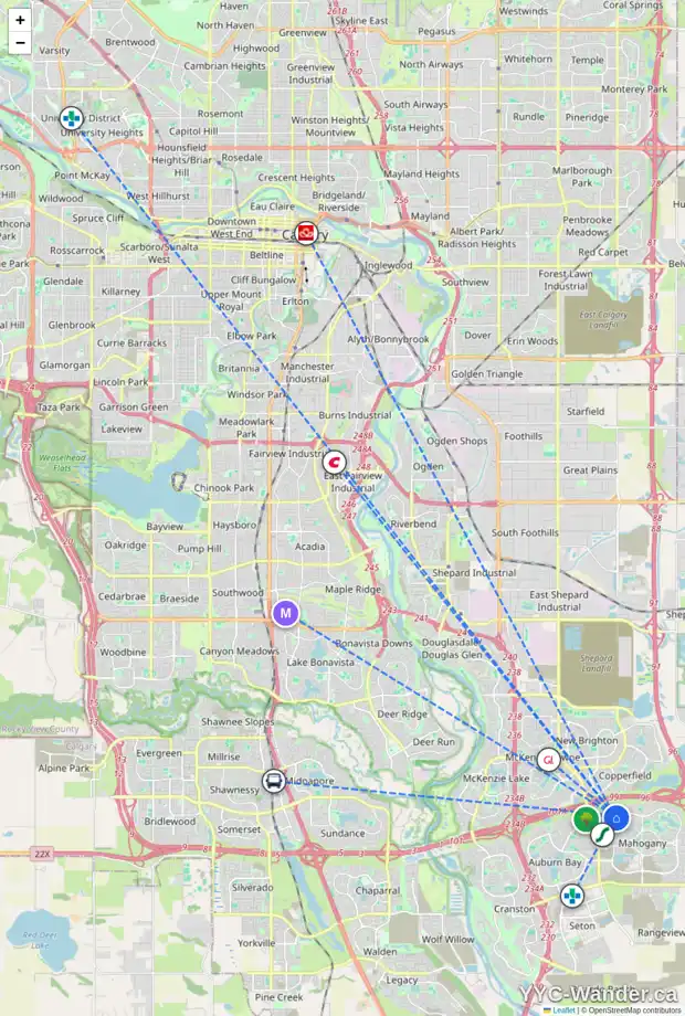 Daily accessibility map for 54 MAHOGANY GR SE, Calgary showing nearby schools, grocery stores, parks, LRT stations and nearby amenities
