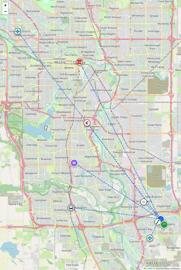 Daily accessibility map for 65 MAHOGANY PT SE, Calgary showing nearby schools, grocery stores, parks, LRT stations and nearby amenities