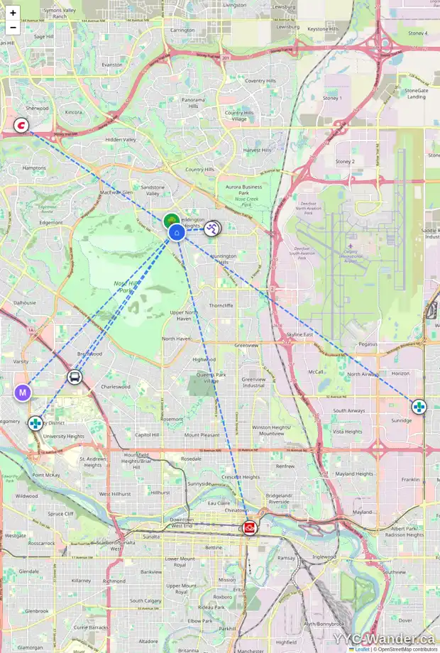 Daily accessibility map for 120 BERMONDSEY RI NW, Calgary showing nearby schools, grocery stores, parks, LRT stations and nearby amenities