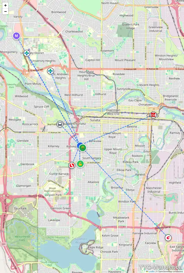 Daily accessibility map for 2601 21 ST SW, Calgary showing nearby schools, grocery stores, parks, LRT stations and nearby amenities