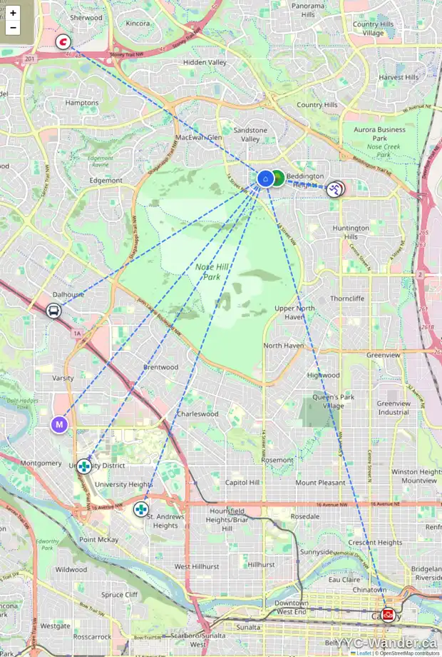 Daily accessibility map for 51 BEACHAM WY NW, Calgary showing nearby schools, grocery stores, parks, LRT stations and nearby amenities