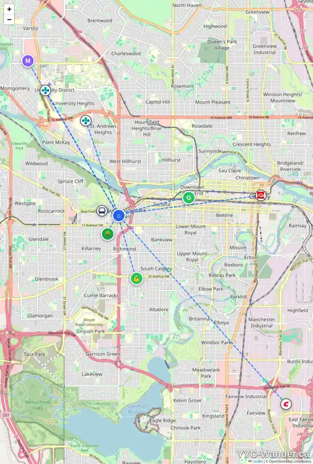 Daily accessibility map for 1419 24 ST SW, Calgary showing nearby schools, grocery stores, parks, LRT stations and nearby amenities