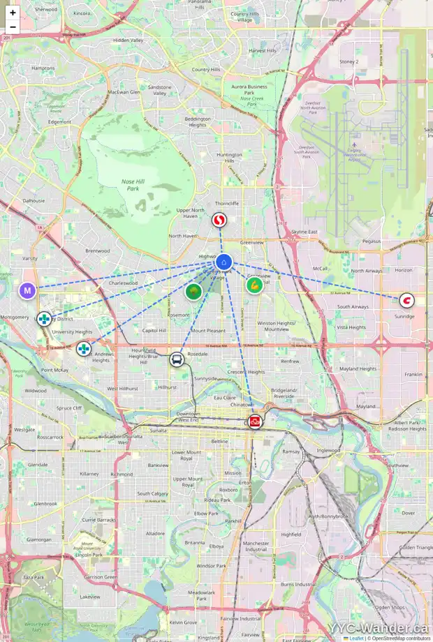 Daily accessibility map for 301 4328 4 ST NW, Calgary showing nearby schools, grocery stores, parks, LRT stations and nearby amenities