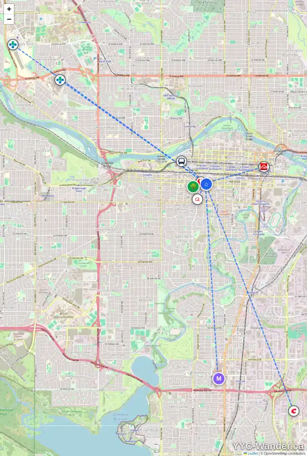 Daily accessibility map for 1007 788 12 AV SW, Calgary showing nearby schools, grocery stores, parks, LRT stations and nearby amenities