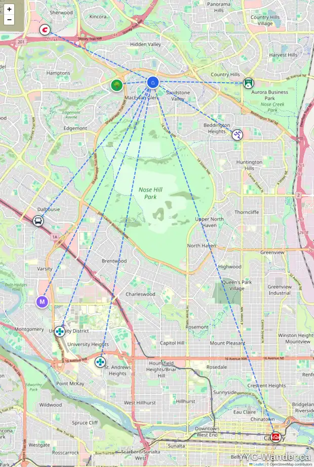Daily accessibility map for 208 MACEWAN VALLEY RD NW, Calgary showing nearby schools, grocery stores, parks, LRT stations and nearby amenities