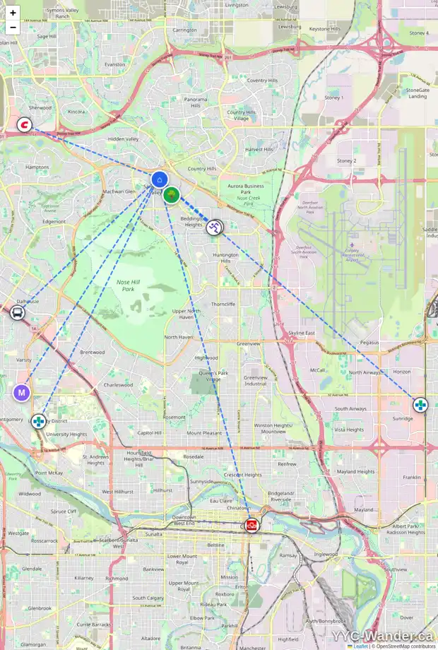Daily accessibility map for 302 SANDSTONE DR NW, Calgary showing nearby schools, grocery stores, parks, LRT stations and nearby amenities