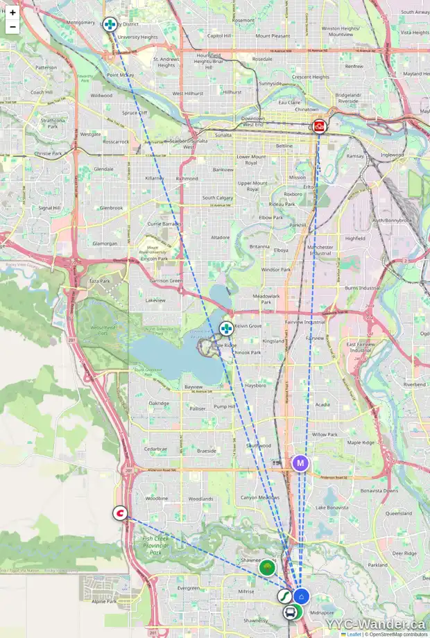 Daily accessibility map for 15323 1 ST SE, Calgary showing nearby schools, grocery stores, parks, LRT stations and nearby amenities
