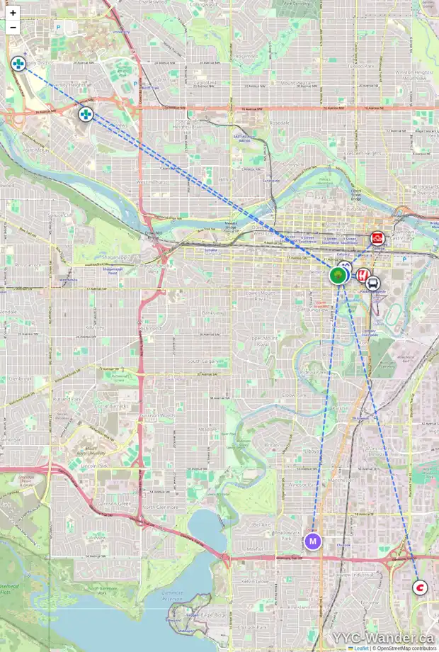Daily accessibility map for 2106 215 13 AV SW, Calgary showing nearby schools, grocery stores, parks, LRT stations and nearby amenities