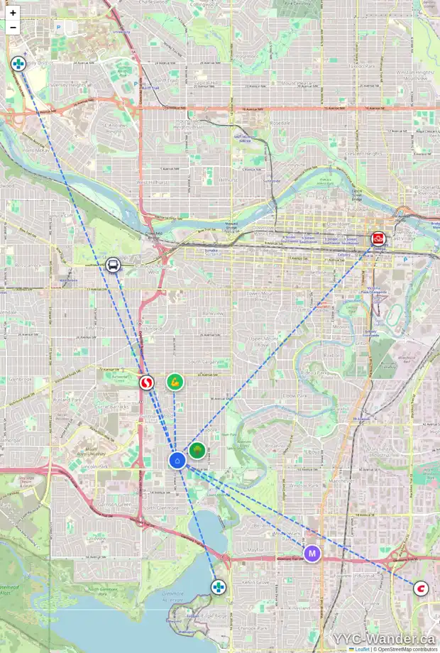 Daily accessibility map for 2049 48 AV SW, Calgary showing nearby schools, grocery stores, parks, LRT stations and nearby amenities