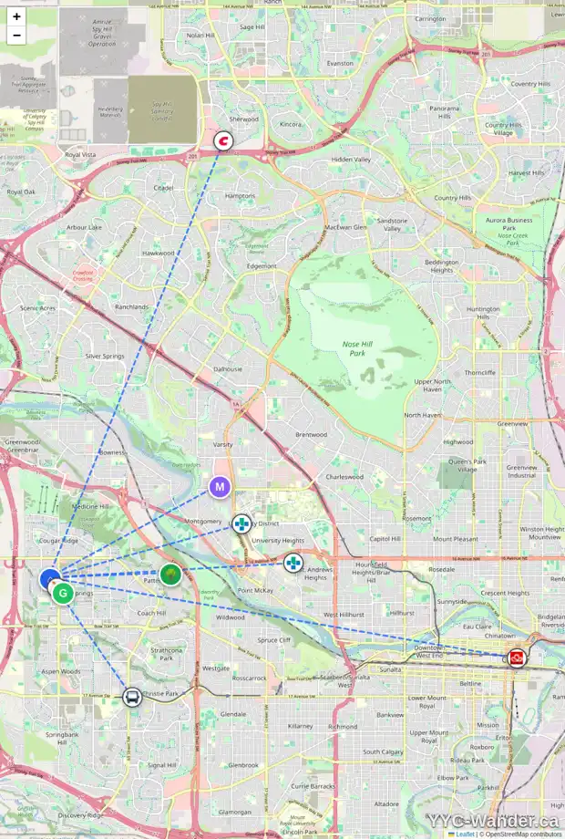 Daily accessibility map for 8819 8 AV SW, Calgary showing nearby schools, grocery stores, parks, LRT stations and nearby amenities