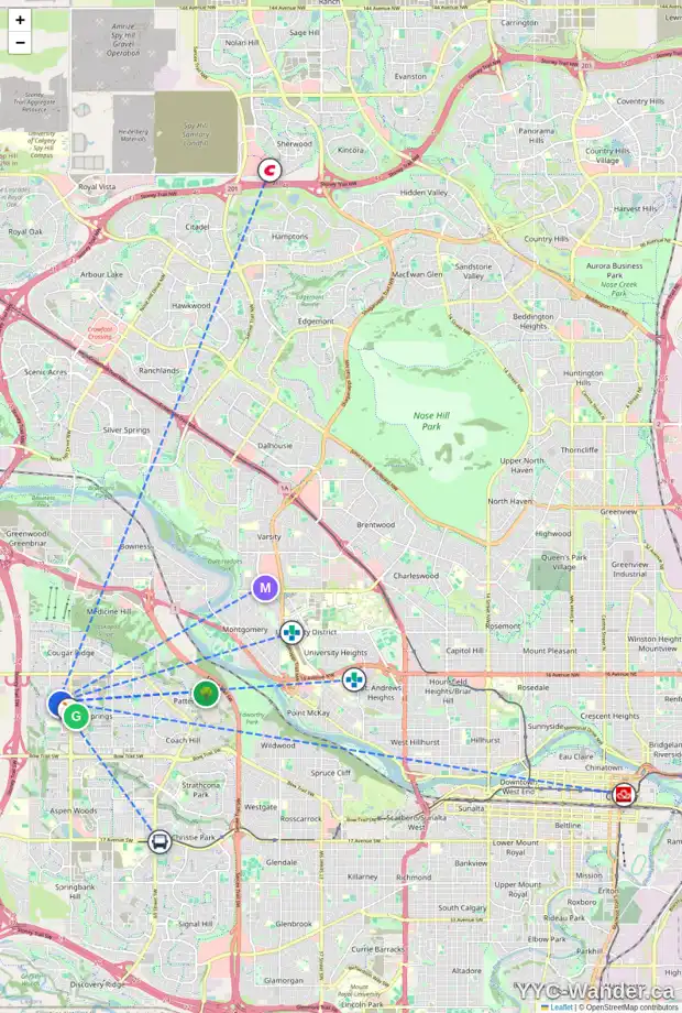 Daily accessibility map for 14 WENDHAM PL SW, Calgary showing nearby schools, grocery stores, parks, LRT stations and nearby amenities